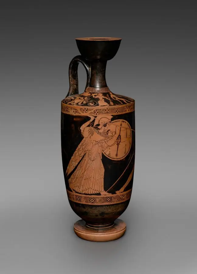 Red-Figure Lekythos (Oil Vessel): Athena Slaying Giant (body); Satyr between Maenads (shoulder) by Berlin Painter