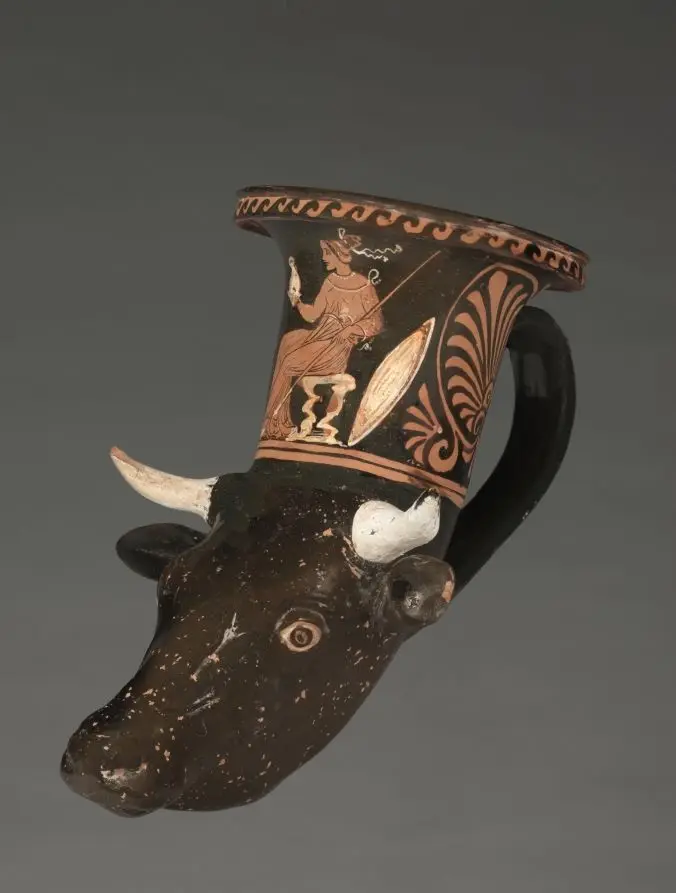Red-Figure Cow-Head Rhyton (Drinking Horn): Seated Woman by Unknown artist