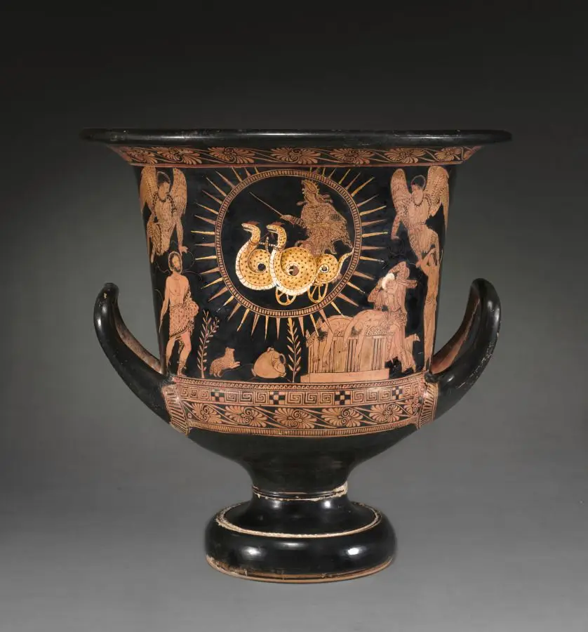 Red-Figure Calyx-Krater (Mixing Vessel): Medea in Chariot (A); Telephos with Baby Orestes (B) by Policoro Painter