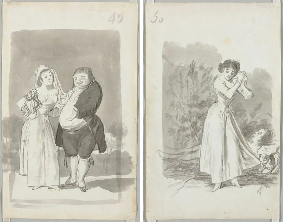 Young Woman (possibly a Sex Worker) with a Man (recto); Young Woman Wringing Her Hands over a Man's Naked Body (verso) by Francisco de Goya
