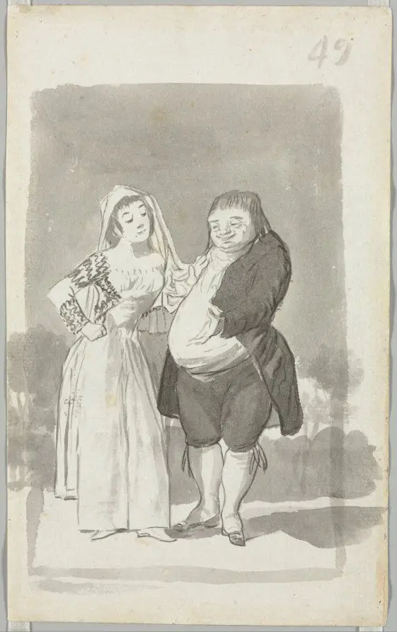Prostitute Soliciting a Fat, Ugly Man, Folio 49 (recto) by Francisco de Goya