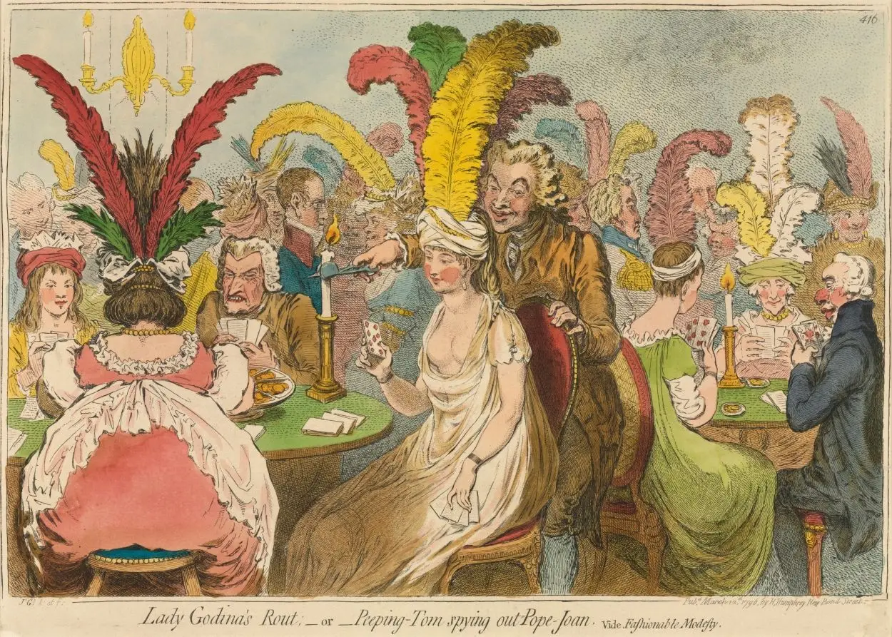 Lady Godina's Rout;-or-Peeping-Tom Spying out Pope-Joan by James Gillray