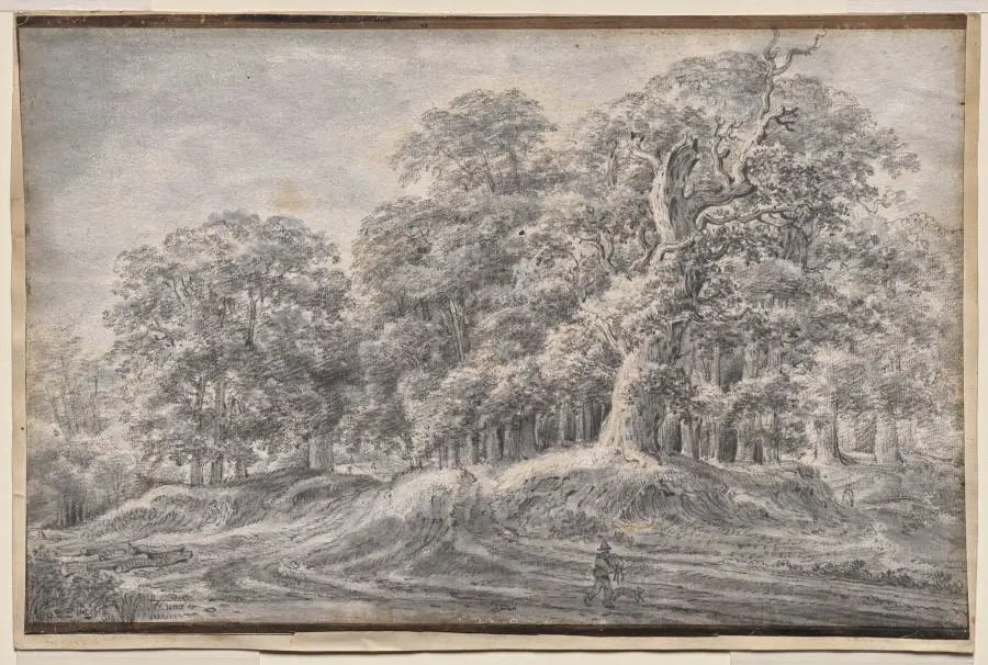 A Track on the Edge of a Wood with a Peasant Carrying Sheep by Anthonie Waterloo