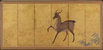 Folding screens depicting a deer and lesser cuckoo birds by Kanō Shigenobu