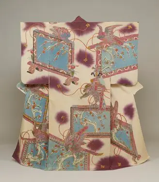 Long-Sleeved Kimono ("Furisode") with Falcons on Standing Screens with Plum Trees by Unknown artist