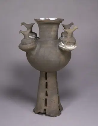 Footed Jar and Cover with Bird-shaped Ornament, Sue Stoneware by Unknown artist