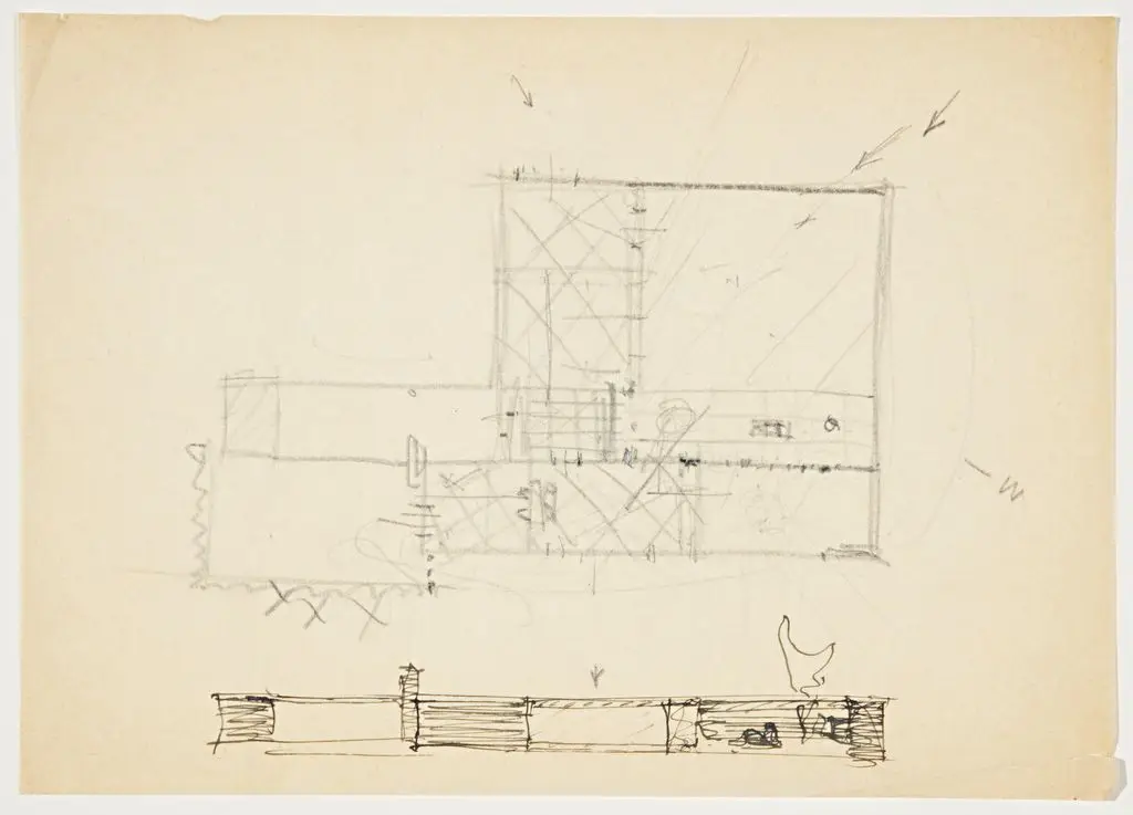 Drawing, Elevation and Plan for the Ulrich Lange House, Krefeld, Germany by Ludwig Mies van der Rohe