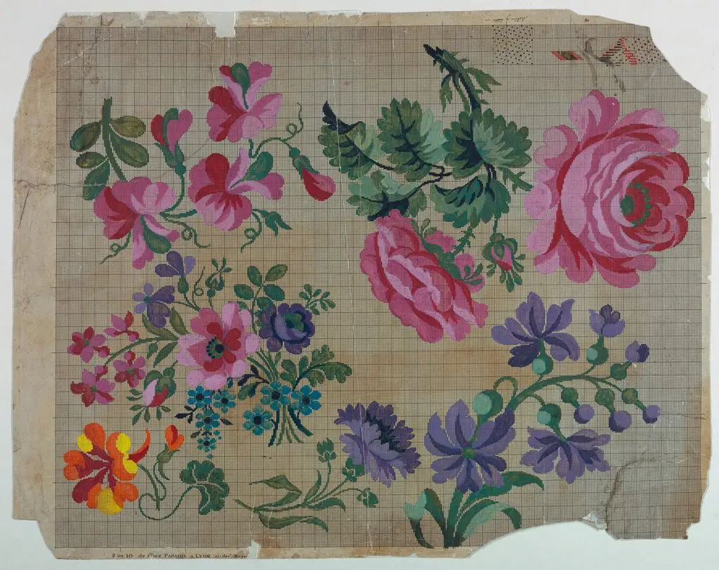 Drawing, Mise-en-carte for flower sprays for silk brocade; schemes for weaving by Sarah Cooper Hewitt; Eleanor Garnier Hewitt