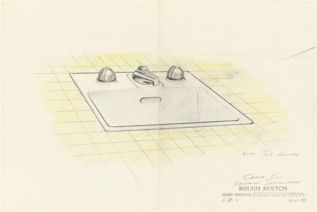 Drawing, Lavatory Installation: Sink with Tile Counter for Crane Co. by Henry Dreyfuss