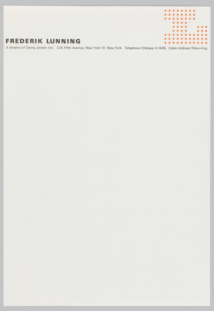 Letterhead, Frederik Lunning, A Division of Georg Jensen Inc., 225 Fifth Avenue, New York, NY by Elaine Lustig Cohen