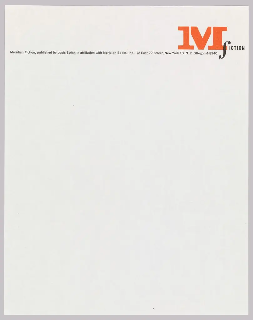 Letterhead, Meridian Fiction, 12 East 22nd Street, New York, NY by Elaine Lustig Cohen