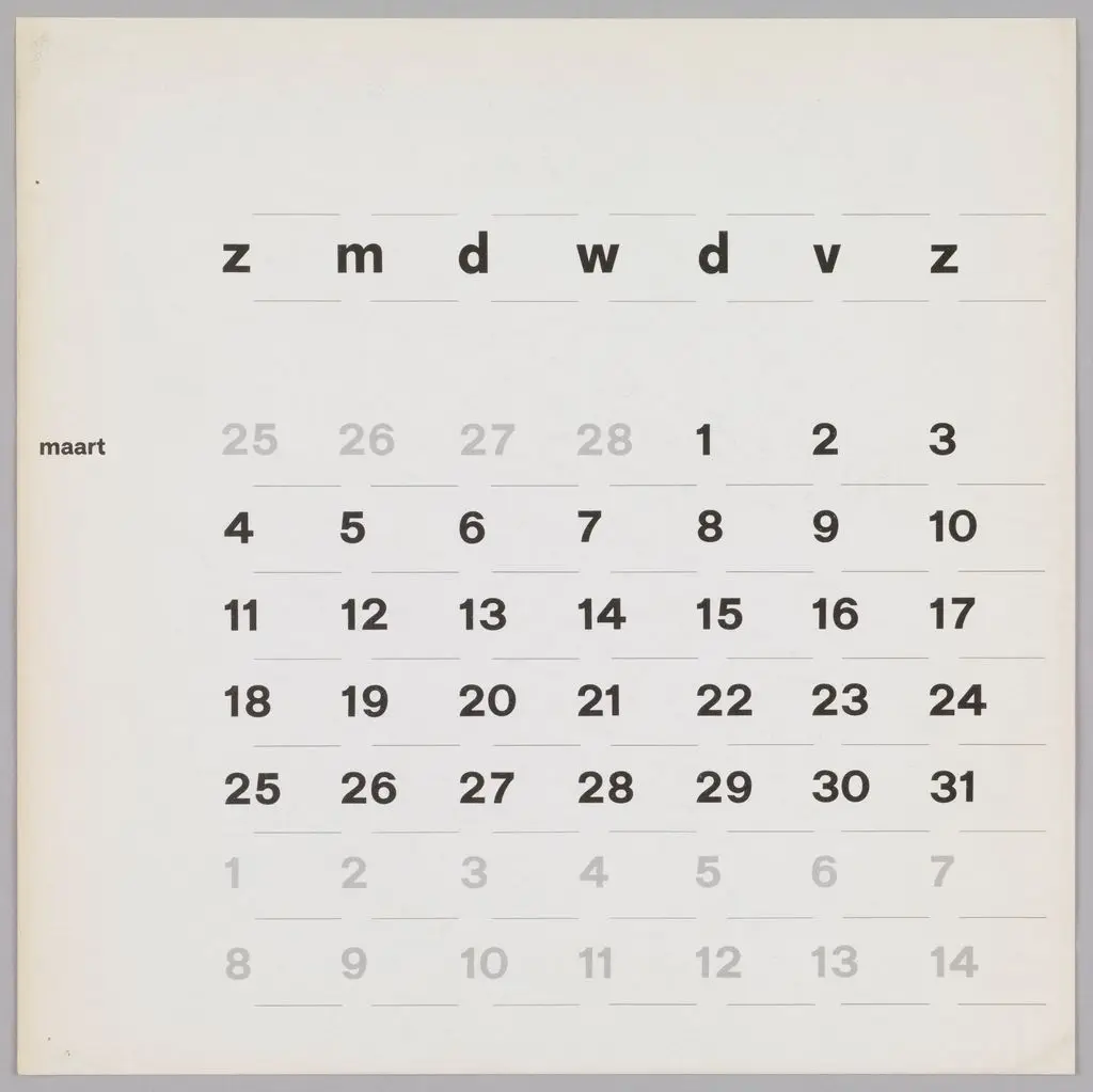 Calendar Page, "Maart" for Steendrukkerijde Jong & Co. by Pieter Brattinga