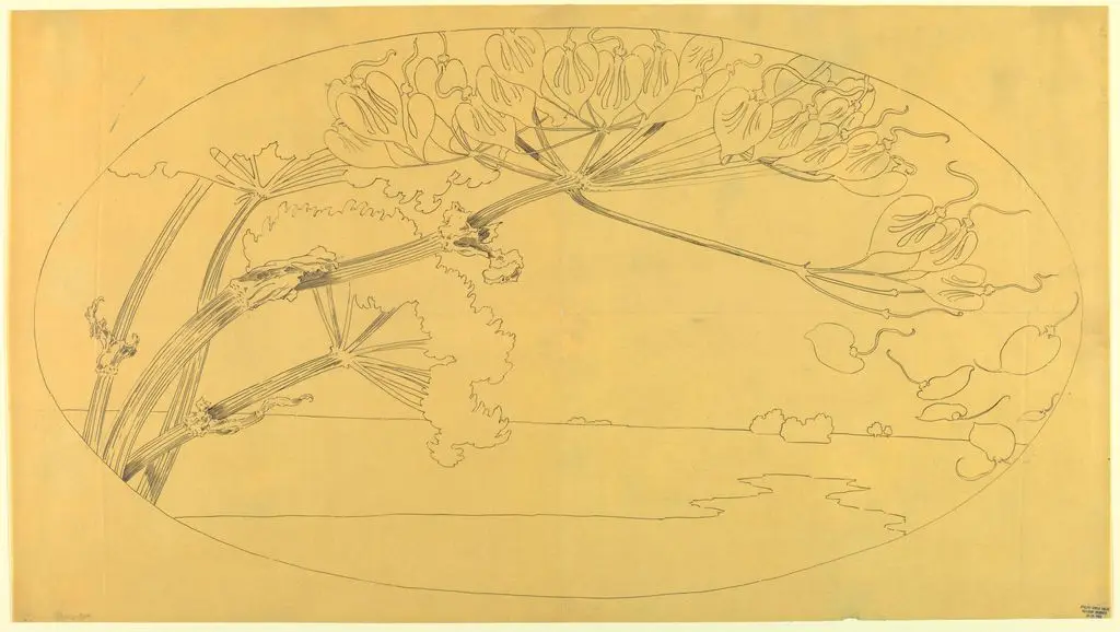 Drawing, Paysage et Fleurs (Oval Design) by Emile Gallé