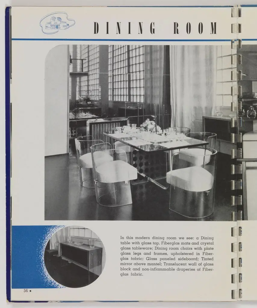 Book Illustration, The Miracle of Glass … Its Glorious Past, Its Thrilling Present, its Miraculous Future, as presented at Glass Center, New York World’s Fair; Dining Room, Glass in the Home Exhibition by Glass Incorporated