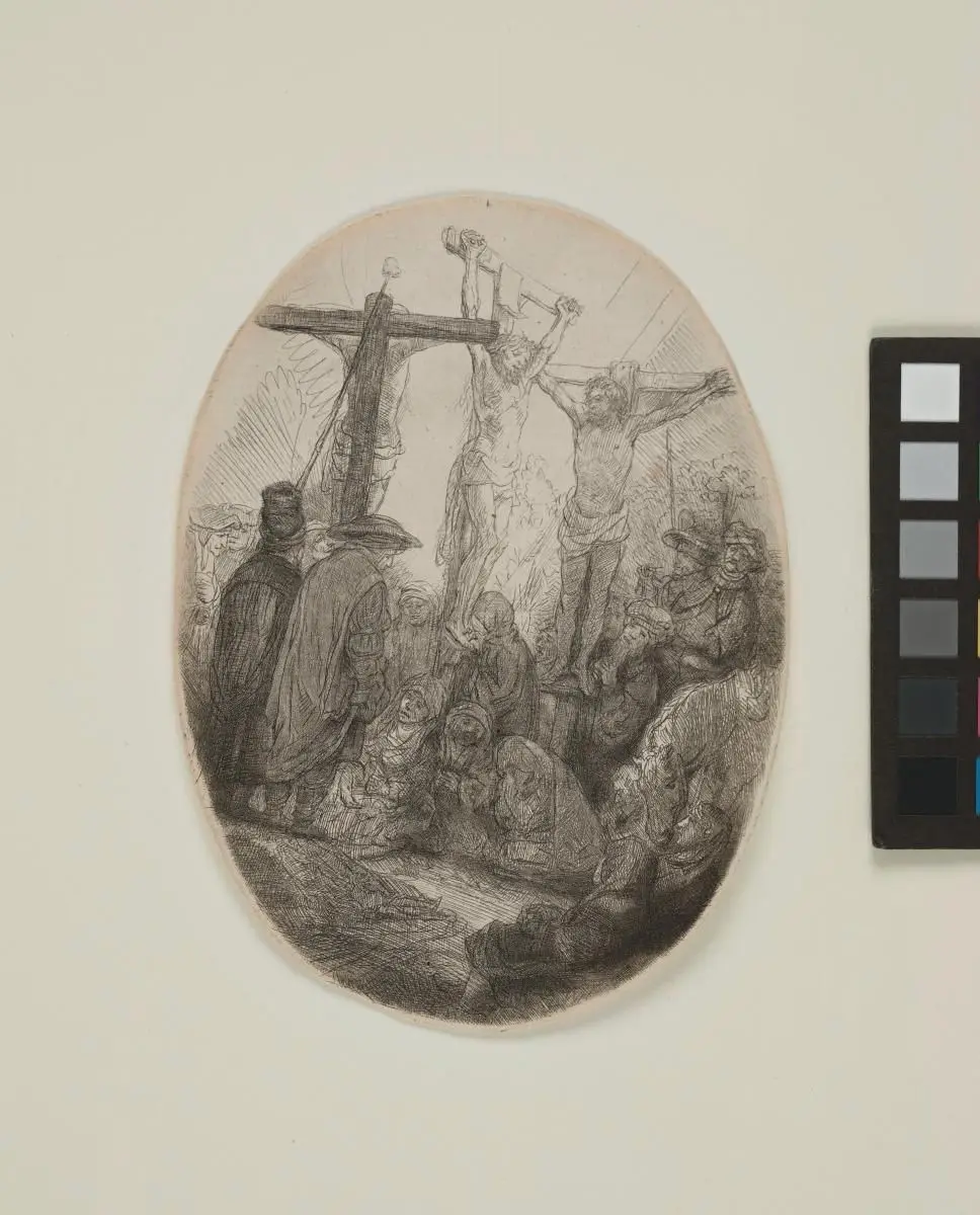 Christ Crucified Between the Two Thieves: An Oval Plate by Rembrandt van Rijn