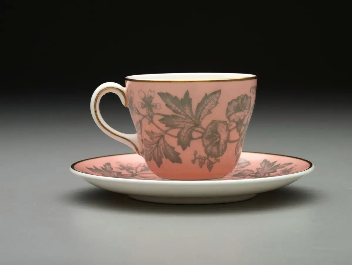 "Pear" shape cup and saucer with "Wildflower" pattern decoration by Josiah Wedgwood and Sons