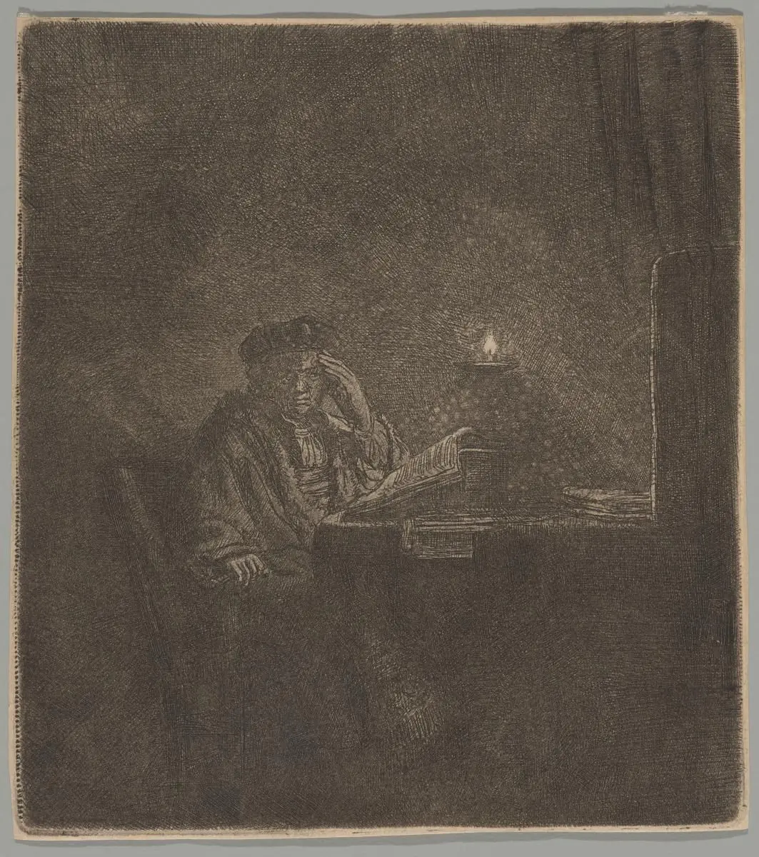 Student at a Table by Candlelight by Unknown (0 - 0); Rembrandt van Rijn