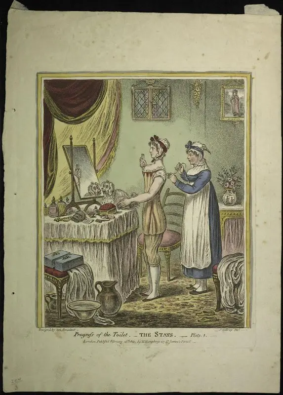 Progress of the toilet [Plate 1: The stays, copy 2]. by Gillray