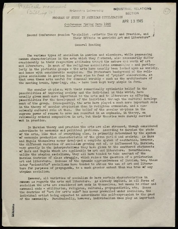 Second conference session "socialist aesthetic theory and practice, and their effects on American art and literature": general reading by Princeton University Program of Study in