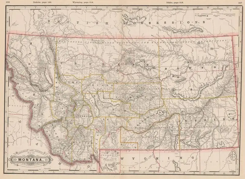 Railroad and county map of Montana by Cram, George Franklin, 1841-1928