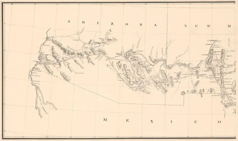 Outline map showing a new route from Texas to Fort Yuma, California : for cattle droves and trains en route to California. Prepared under direction from Brevet Major General J.J. Reynolds, Commdg. Department of Texas by Pressler, Chas. W.