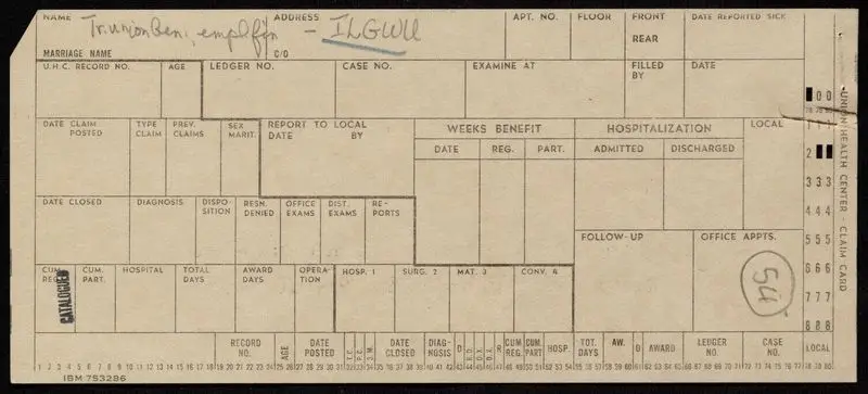Union health center claim card by International Ladies' Garment Workers' Union