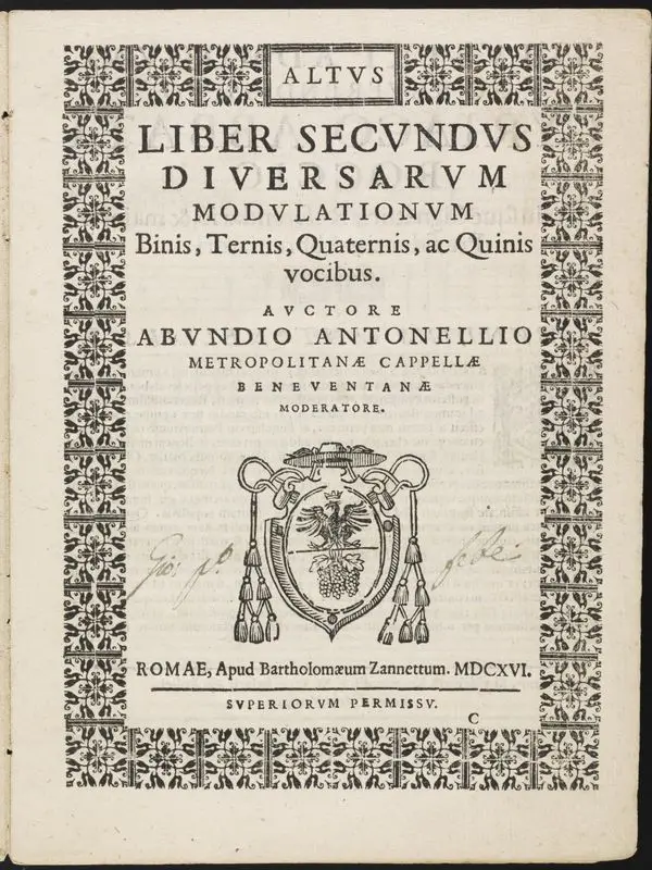 Liber secundus diversarum modulationum binis, ternis, quaternis, ac quinis vocibus / auctore Abundio Antonellio Metropolitanae Capellae Beneventanae moderatore by Antonelli, Abundio, -approximately 1629
