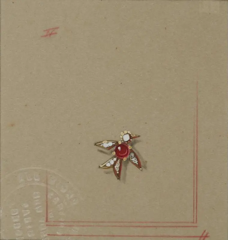 Cartier brooch design [Gold setting with ruby and diamonds, bird motif]. by Homar