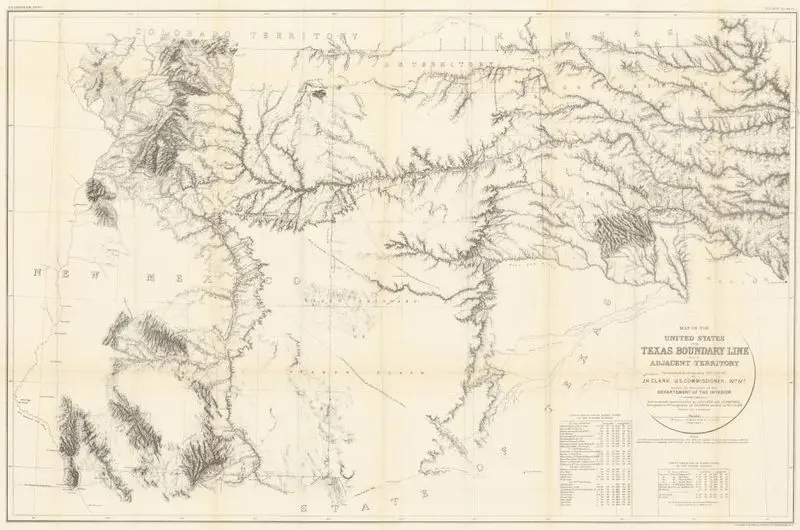 Map of the United States and Texas boundary line and adjacent territory determined & surveyed in 1857-8-9-60 by J.H. Clark, U.S. Commissioner, &c &c. under the direction of the Departement [sic] of the Interior by Weyss, J. E.