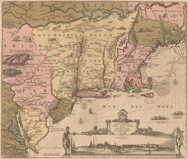 Novi Belgii Novæque Angliæ nec non partis Virginiæ tabula : multis in locis emendata by Visscher