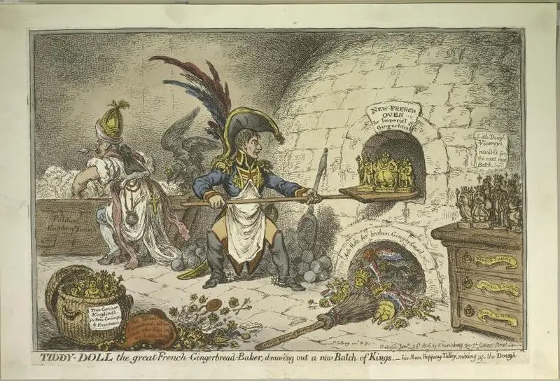 Tiddy-Doll the great French gingerbread baker; drawing out a new batch of kings by Gillray