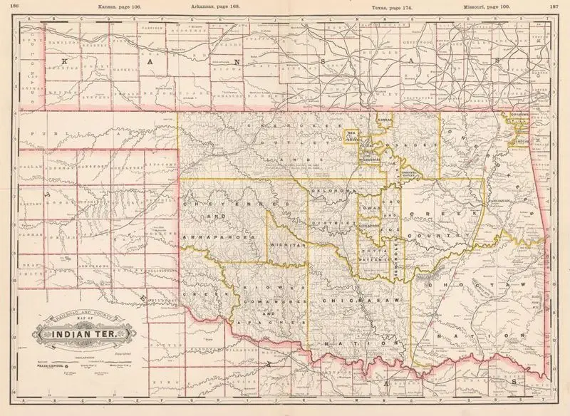 Railroad and county map of Indian Ter by Cram, George Franklin, 1841-1928