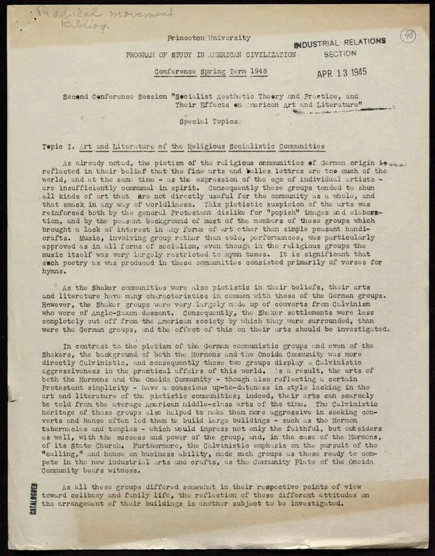 Second conference session "socialist aesthetic theory and practice, and their effects on American art and literature": special topics by Princeton University Program of Study in