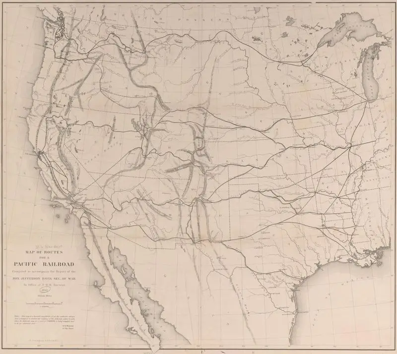 Map of routes for a Pacific railroad by Warren, G. K. (Gouverneur Kemble), 1830-1882