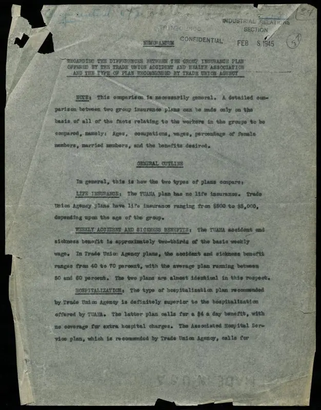 Memorandum regarding the differences between the group insurance plan offered by the trade union accident and health association and the type of plan recommended by trade union agency by source unknown