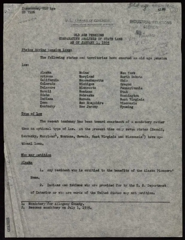 Old age pensions: comparative analysis of state laws by U.S. Library of Congress, Legislative Reference Service