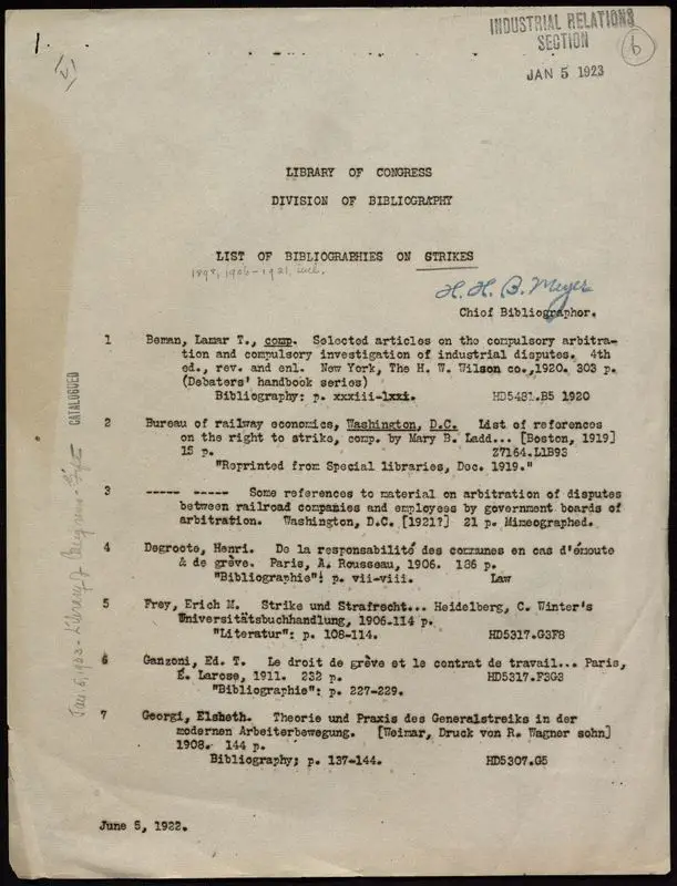 List of bibliographies on strikes by Library of Congress, Division of Bibliography