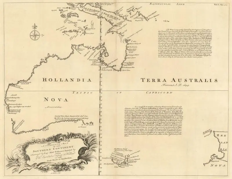 A complete map of the southern continent : survey'd by Capt. Abel Tasman & depicted by order of the East India Company in Halland [sic] in the Stadt House at Amsterdam by Bowen, Emanuel, d. 1767