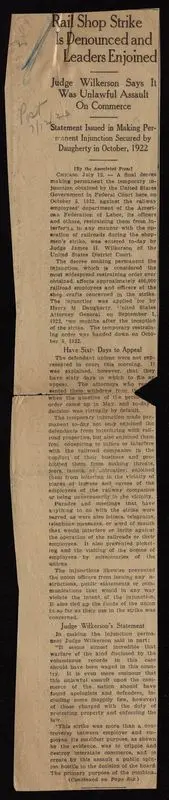 Rail shop strike is denounced and leaders enjoined by Associated Press