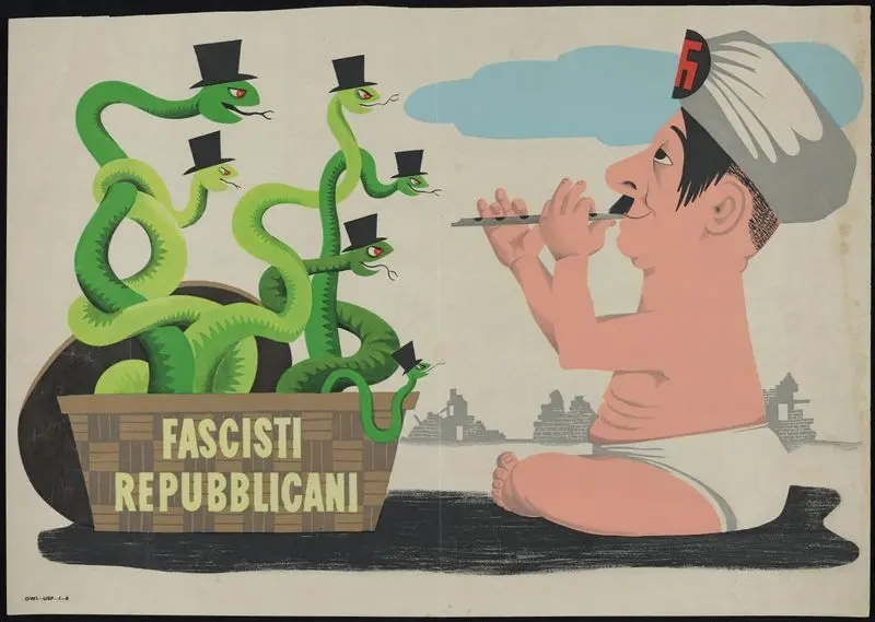 Anti-Nazi propaganda poster depicting Hitler as a snake charmer playing a tune for snakes in top hats, which are rising out of a basket labeled "Fascisti Repubblicani"] / [United States Office of War Information by United States. Office of War Information