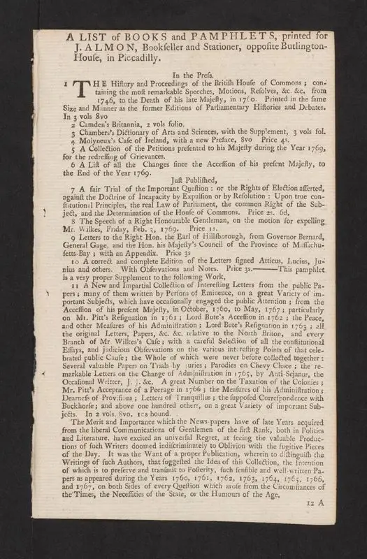 A list of books and pamphlets printed for J. Almon, bookseller and stationer, opposite Butlington [sic] House, in Piccadilly. by Almon