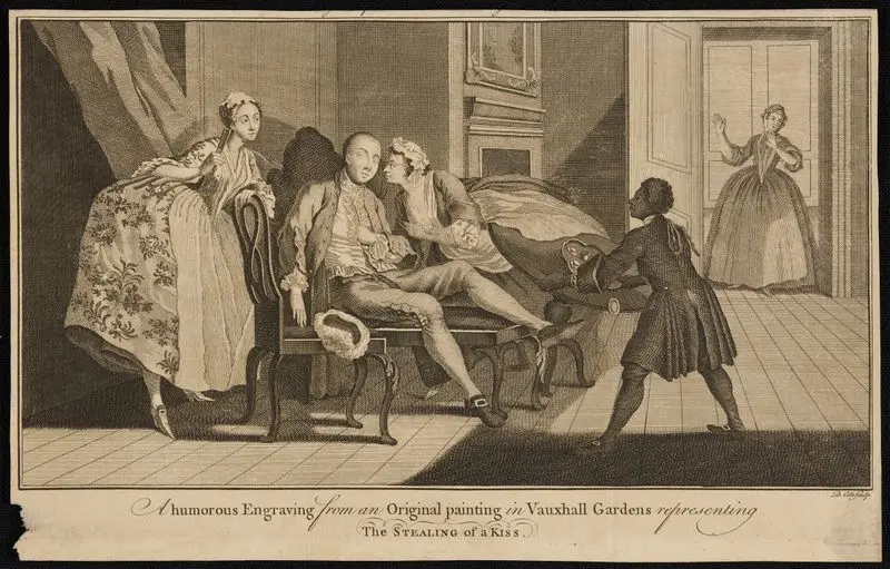 A humorous engraving from an original painting in Vauxhall Gardens representing the stealing of a kiss. by Cole, B., active 1755