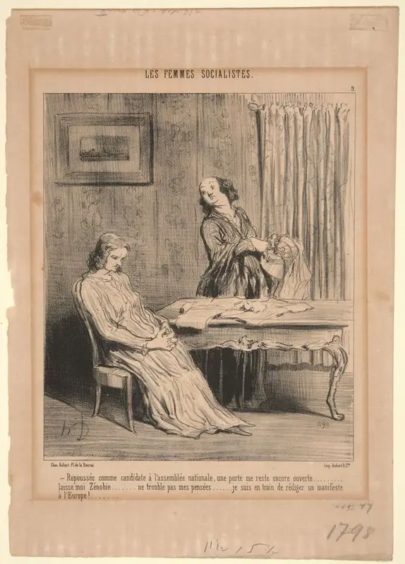 Repoussée comme candidate à l'assemblée nationale, une porte me reste encore ouverte. . . . . . . laisse moi, Zénobie. . . . . . ne trouble pas mes pensées. . . . . je suis en train de rédiger un manifeste à l'Europe! . . . . . by Daumier, Honoré, 1808-1879