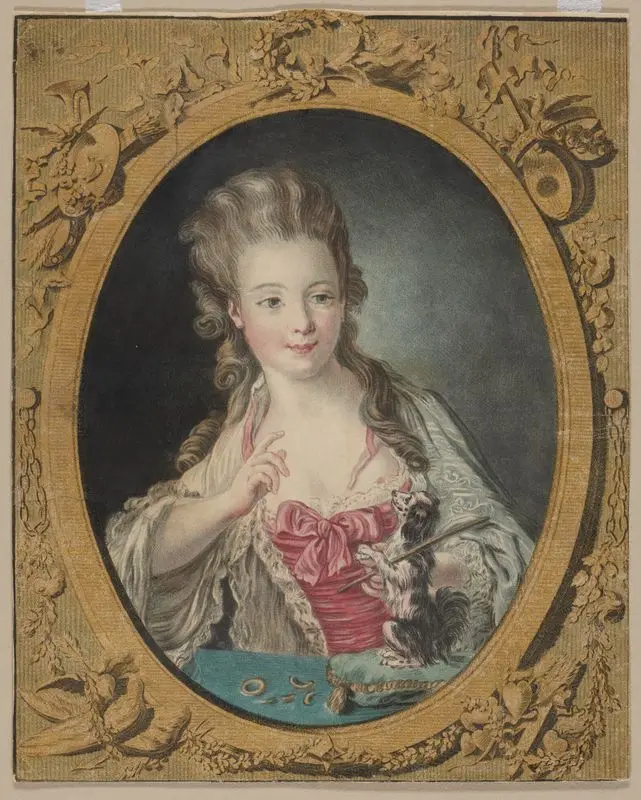 Woman watching miniature dog perform trick by Unknown artist