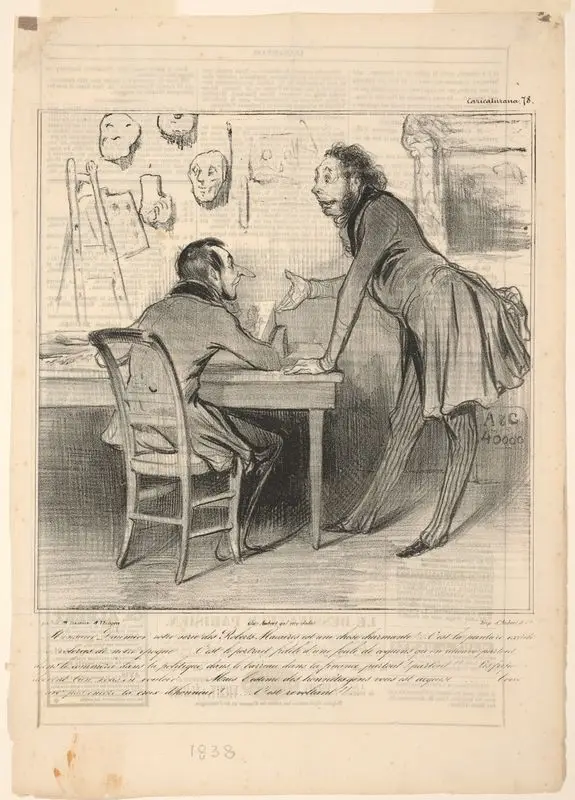 Monsieur Daumier, votre série des Roberts-Macaires est une chose charmante !… C’est la peinture exacte des voleries de notre époque …. C’est le portrait fidèle d’une foule de coquins qu’on retrouve partout, dans le commerce, dans la politique, dans le barreau, dans la finance, partout ! partout !!…… Les fripons doivent bien vous en vouloir …… Mais l’estime des honnêtes gens vous est acquise……. Vous n’avez pas encore la croix d’honneur ?……. C’est révoltant !!.. by Daumier, Honoré, 1808-1879