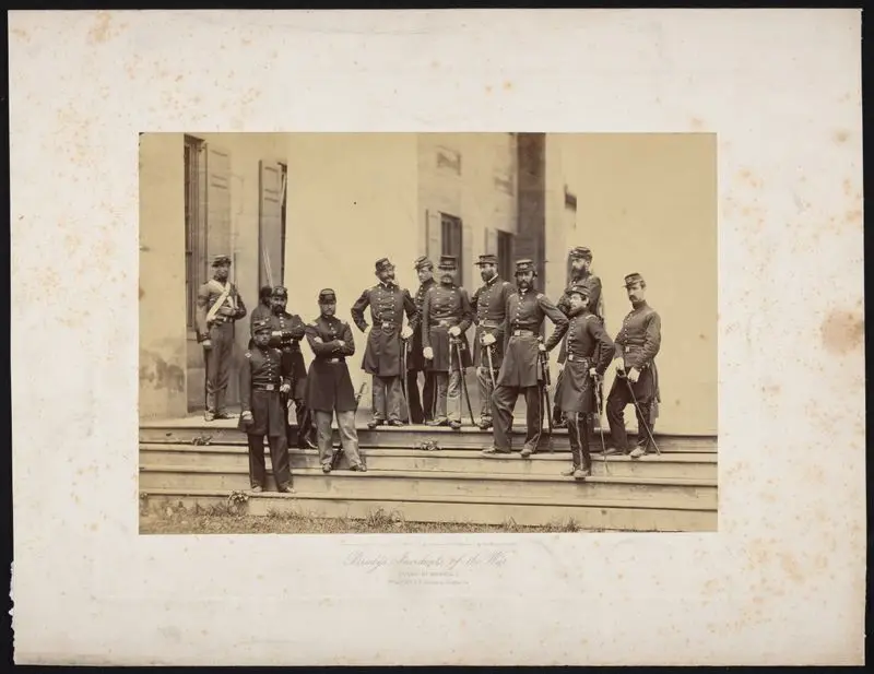 Brady's Incidents of the War. (Camp McDowell) 8th Regt. N.Y.S.T. Arlington Heights, Va. [Group portrait on steps]. by Brady's National Photographic Portrait Galleries