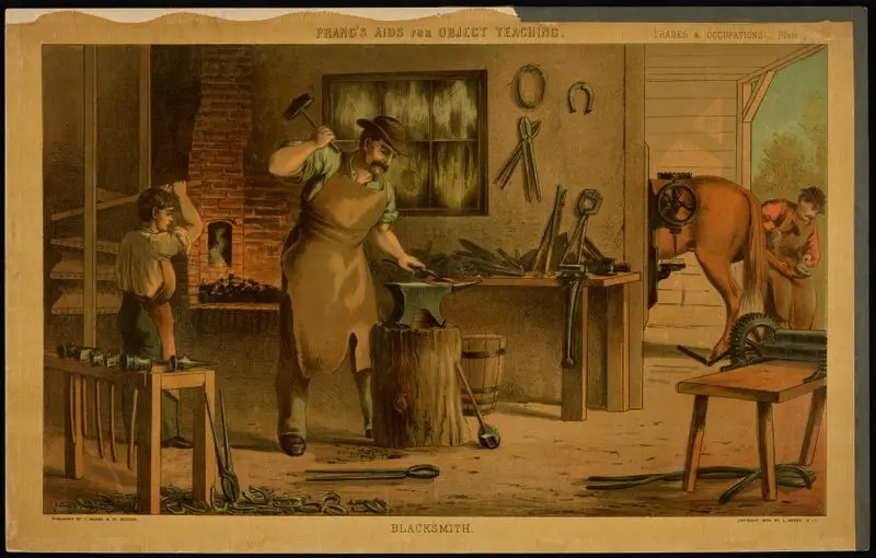 Prang's aids for object teaching. Trades & Occupations, Plate 4: Blacksmith. by Prang