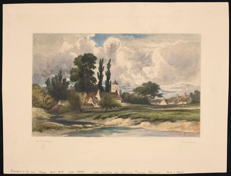 Rural landscape with pond and houses by Müller, William James, 1812-1845