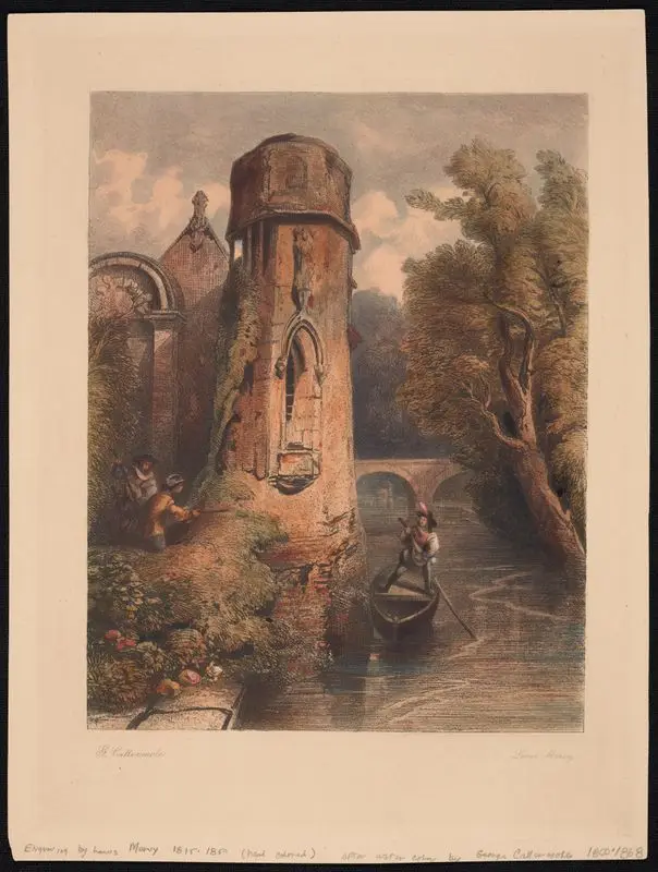 Landscape with man in boat playing lute near moss-covered tower by Cattermole
