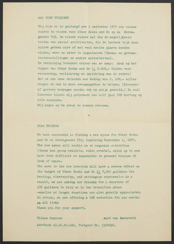 Aan onze vrienden = Dear friends [A4 letter] / Ulises Carrión, Aart van Barneveld. by Carrión